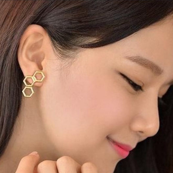 Gold Tone Geometric Hexagon Earrings - Picture 2 of 5